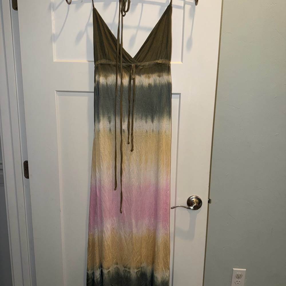 Debbie Katz South Beach Tie-Dye V-Neck Maxi Dress in Olive, Pink & Cream